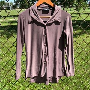 SYMPLI Mid-Brown Button Down Front Long Sleeve Size 4 Shirt Blouse Stretchy #733